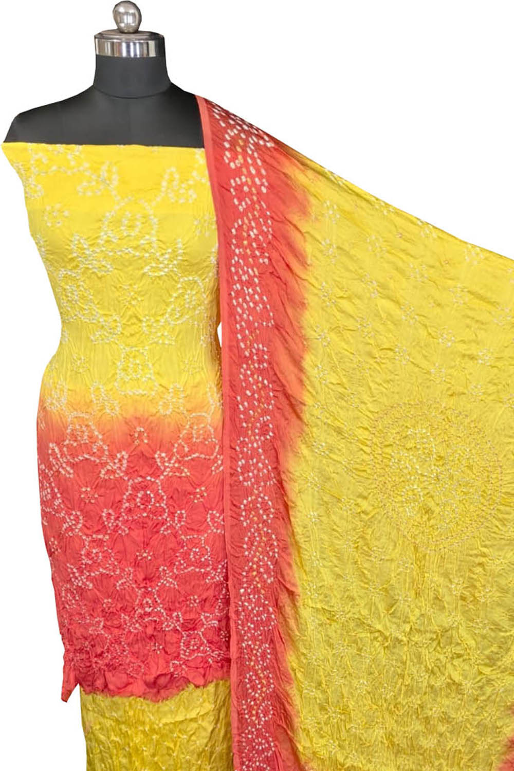 Yellow Bandhani Modak Silk Three Piece Unstitched Suit Set