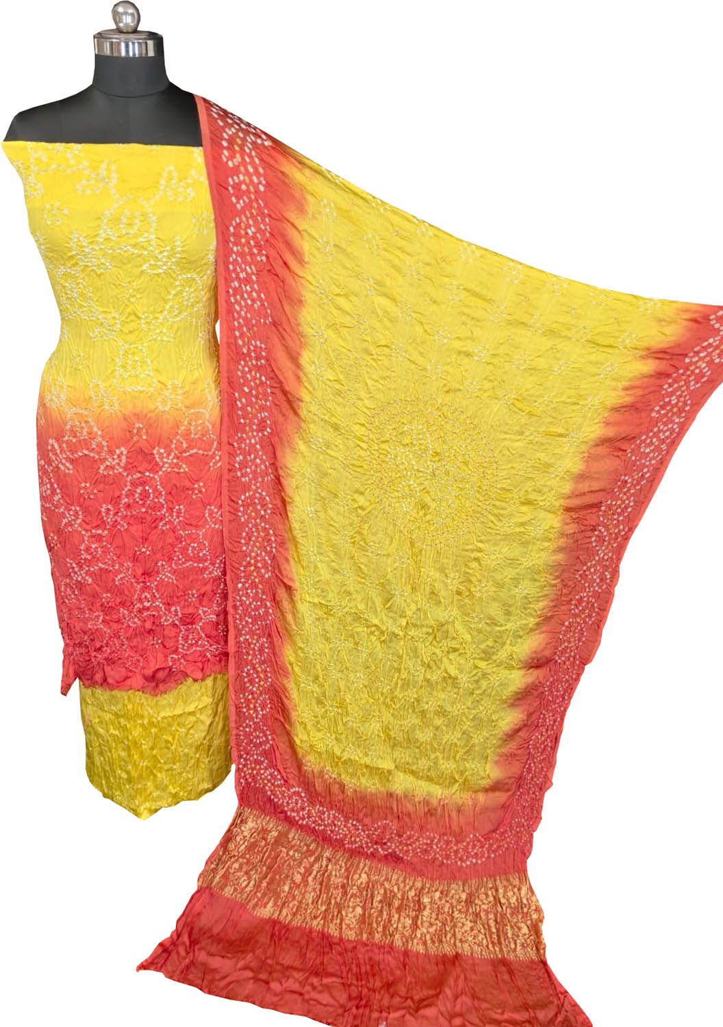 Yellow Bandhani Modak Silk Three Piece Unstitched Suit Set