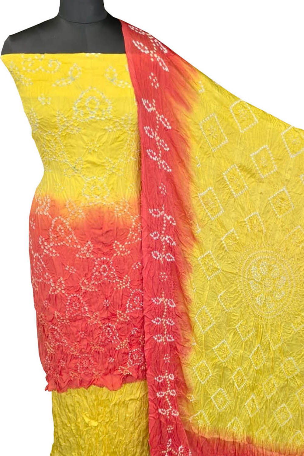 Yellow Bandhani Modak Silk Three Piece Unstitched Suit Set