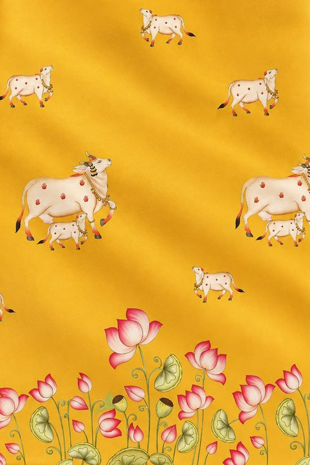 Yellow Digital Pichwai Printed Modal Satin Fabric