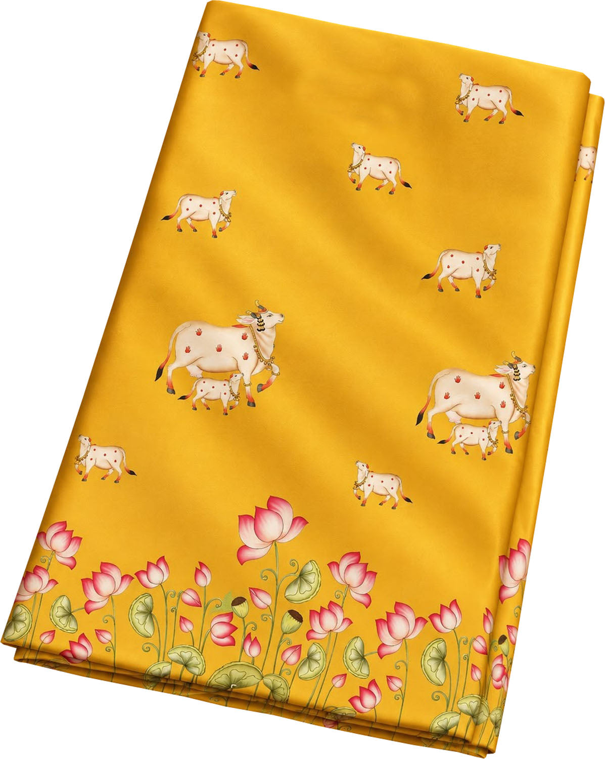 Yellow Digital Pichwai Printed Modal Satin Fabric