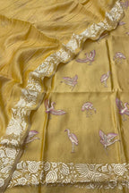 Yellow Parsi Gara Raw Silk Suit — Embroidered Motif, Summer Festive