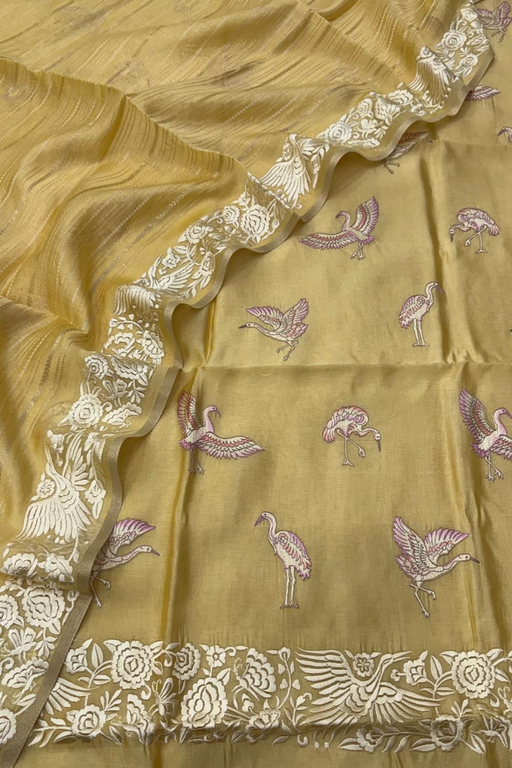 Yellow Parsi Gara Raw Silk Suit — Embroidered Motif, Summer Festive