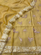 Yellow Parsi Gara Raw Silk Suit — Embroidered Motif, Summer Festive