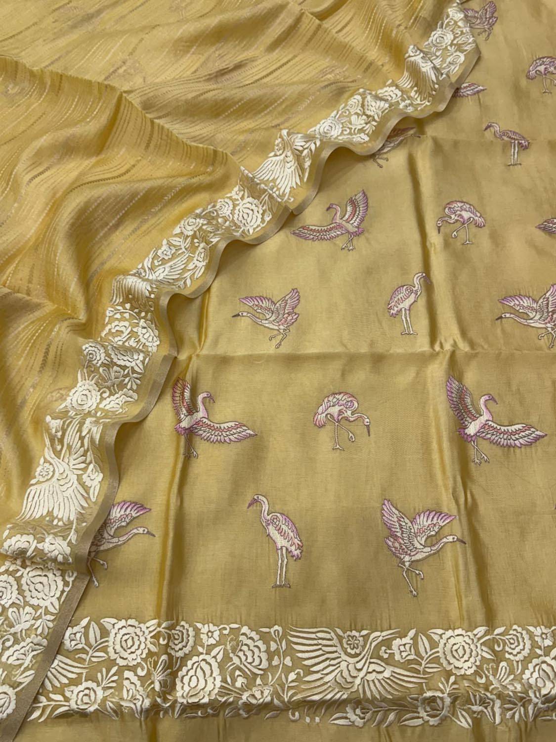Yellow Parsi Gara Raw Silk Suit — Embroidered Motif, Summer Festive