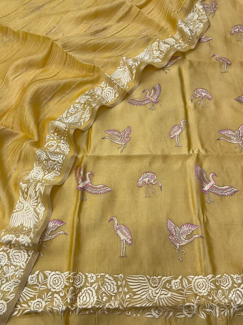 Yellow Embroidered Parsi Raw Silk Unstitched Three Piece Suit Set