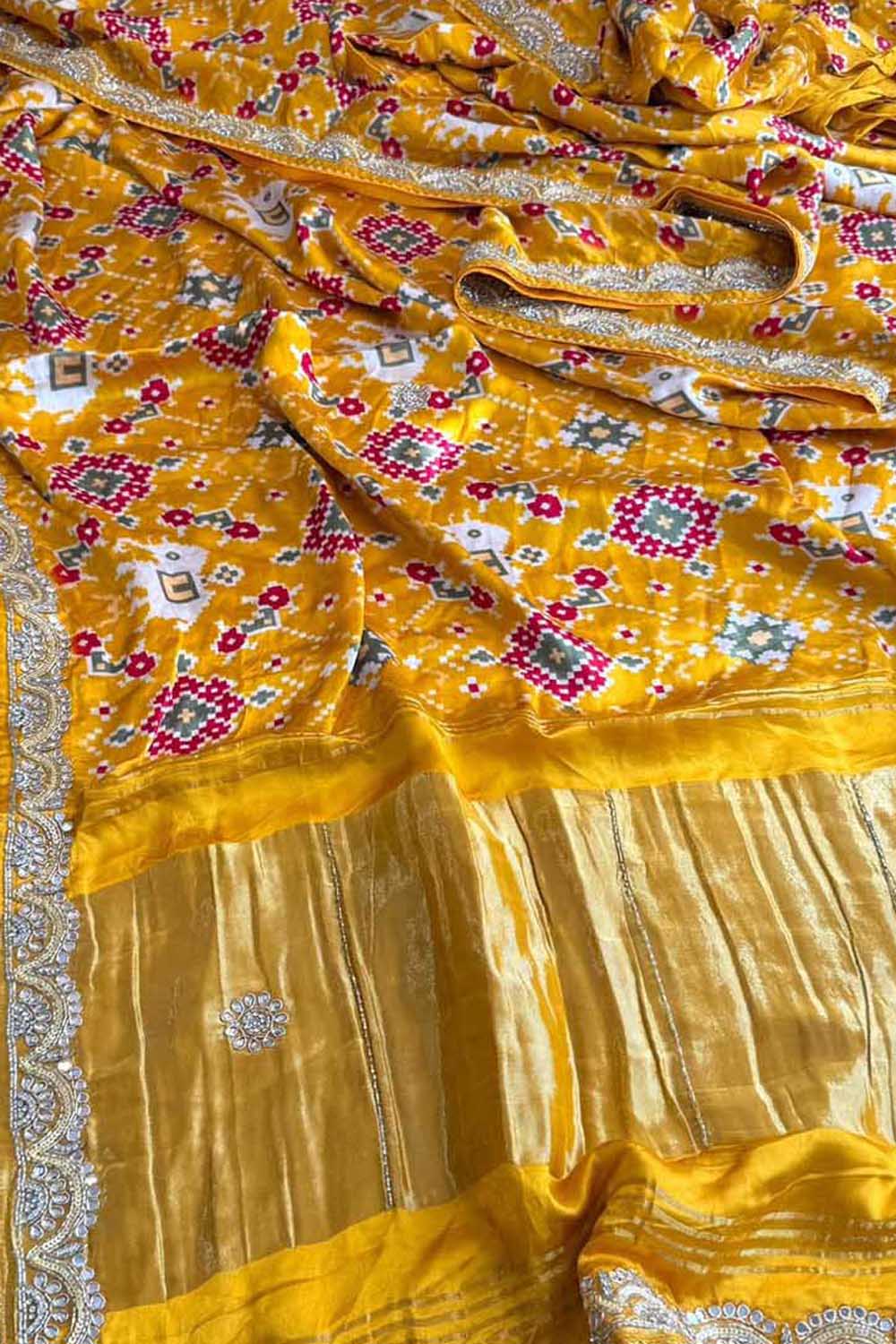 Yellow Digital Print Patola Gajji Silk Saree Lagda Border Hand Gotta Patti