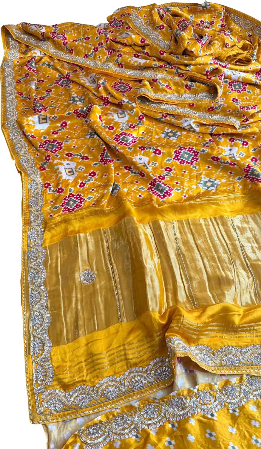 Yellow Digital Print Patola Gajji Silk Saree Lagda Border Hand Gotta Patti