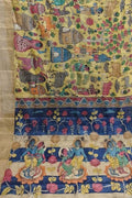 Yellow Hand Painted Kalamkari Pure Tussar Silk Saree