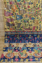 Yellow Hand Painted Kalamkari Pure Tussar Silk Saree