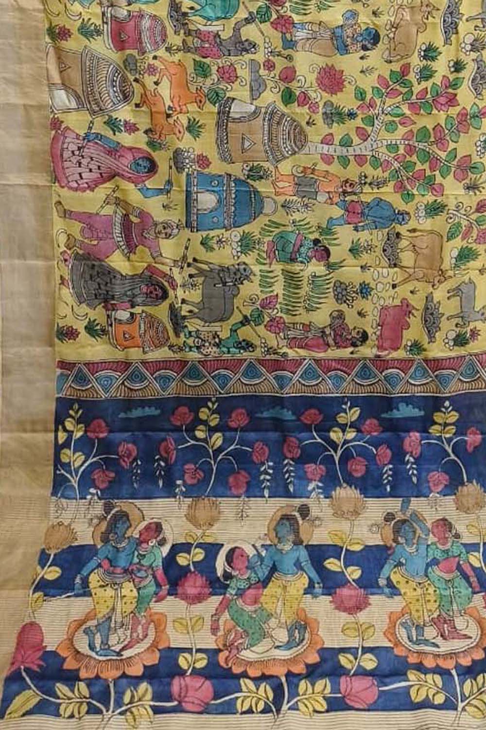 Yellow Hand Painted Kalamkari Pure Tussar Silk Saree