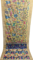 Yellow Hand Painted Kalamkari Pure Tussar Silk Saree