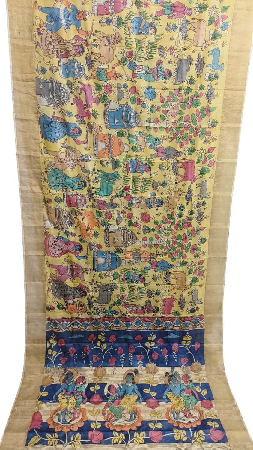 Yellow Hand Painted Kalamkari Pure Tussar Silk Saree