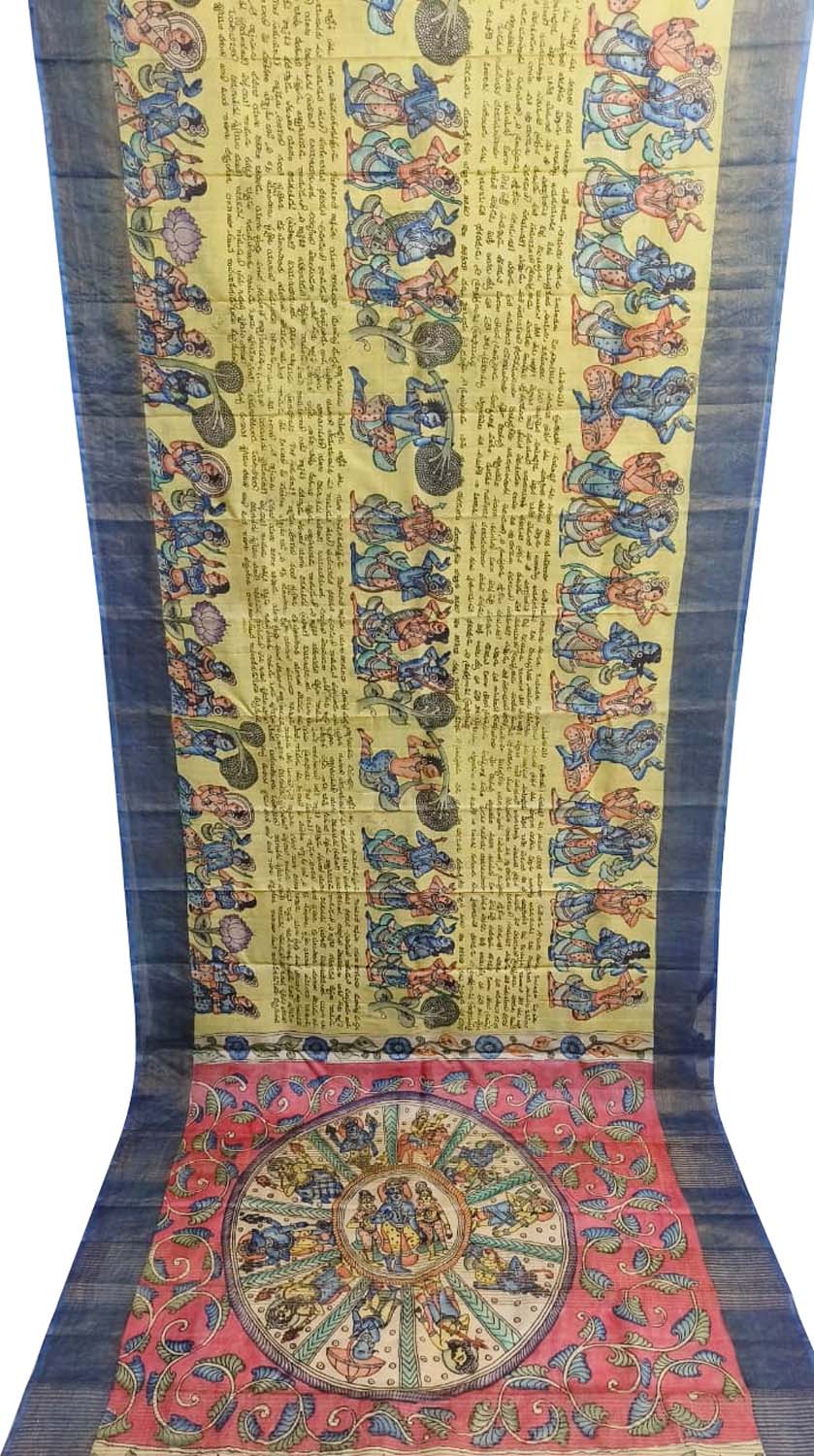 Yellow Hand Painted Kalamkari Pure Tussar Silk Saree