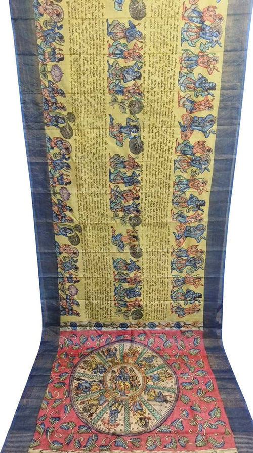 Yellow Hand Painted Kalamkari Pure Tussar Silk Saree