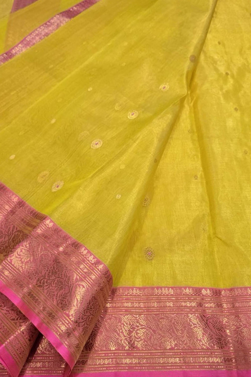 Yellow Handloom Chanderi Tissue Katan Silk Saree — Zari Motifs, Festive