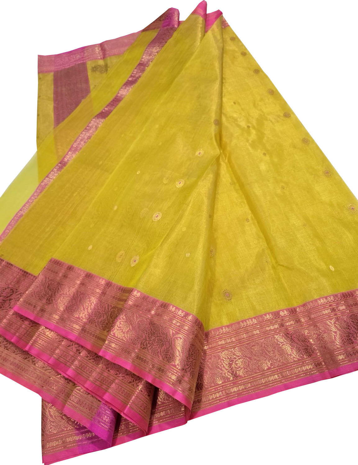 Yellow Handloom Chanderi Tissue Katan Silk Saree — Zari Motifs, Festive