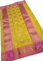 Yellow Handloom Chanderi Tissue Katan Silk Saree — Zari Motifs, Festive