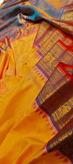 Yellow Gadwal Pure Silk Handloom Saree Festive Ethnic Wear