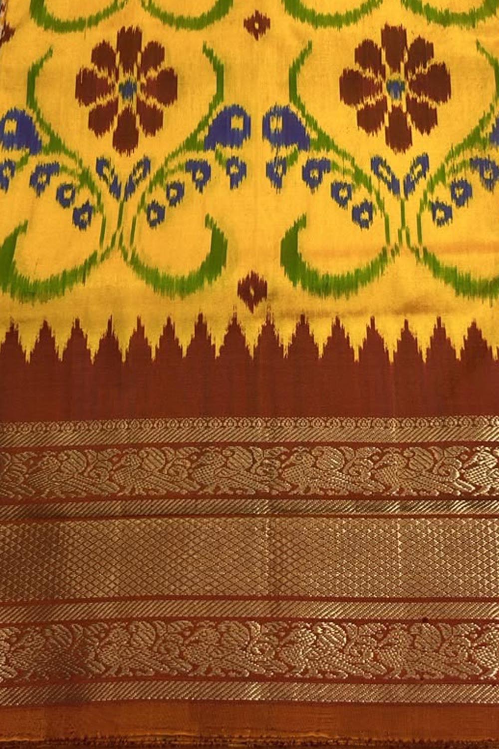 Yellow Ikat Pure Silk Saree Handloom Woven Kanjeevaram Border