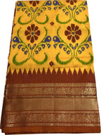 Yellow Ikat Pure Silk Saree Handloom Woven Kanjeevaram Border