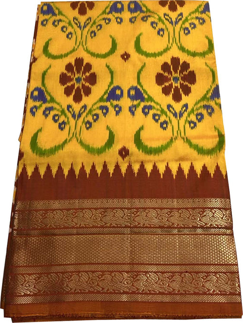 Yellow Ikat Pure Silk Saree Handloom Woven Kanjeevaram Border