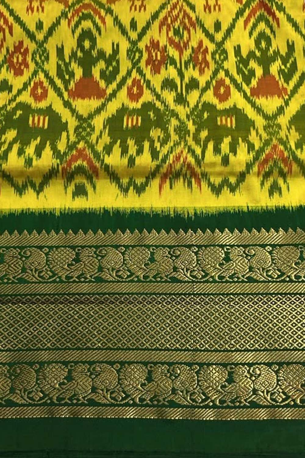 Yellow Ikat Pure Silk Saree Handloom Woven Kanjeevaram Border