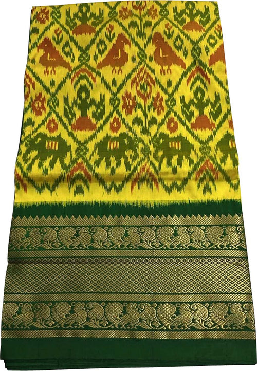 Yellow Ikat Pure Silk Saree Handloom Woven Kanjeevaram Border