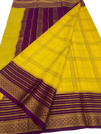 Yellow Mysore Crepe Silk Checks Saree — Handloom Weave, Festive
