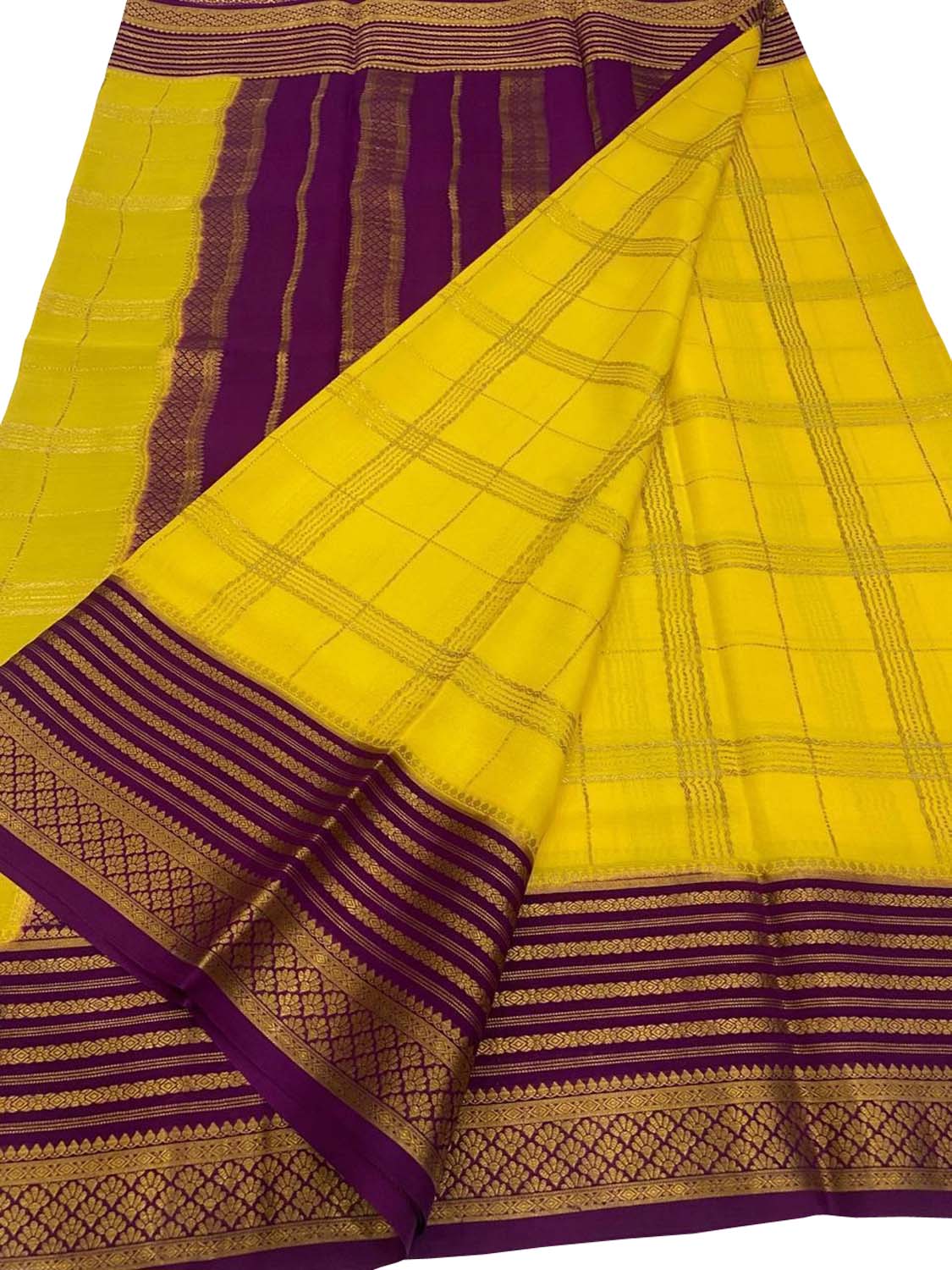 Yellow Mysore Crepe Silk Checks Saree — Handloom Weave, Festive