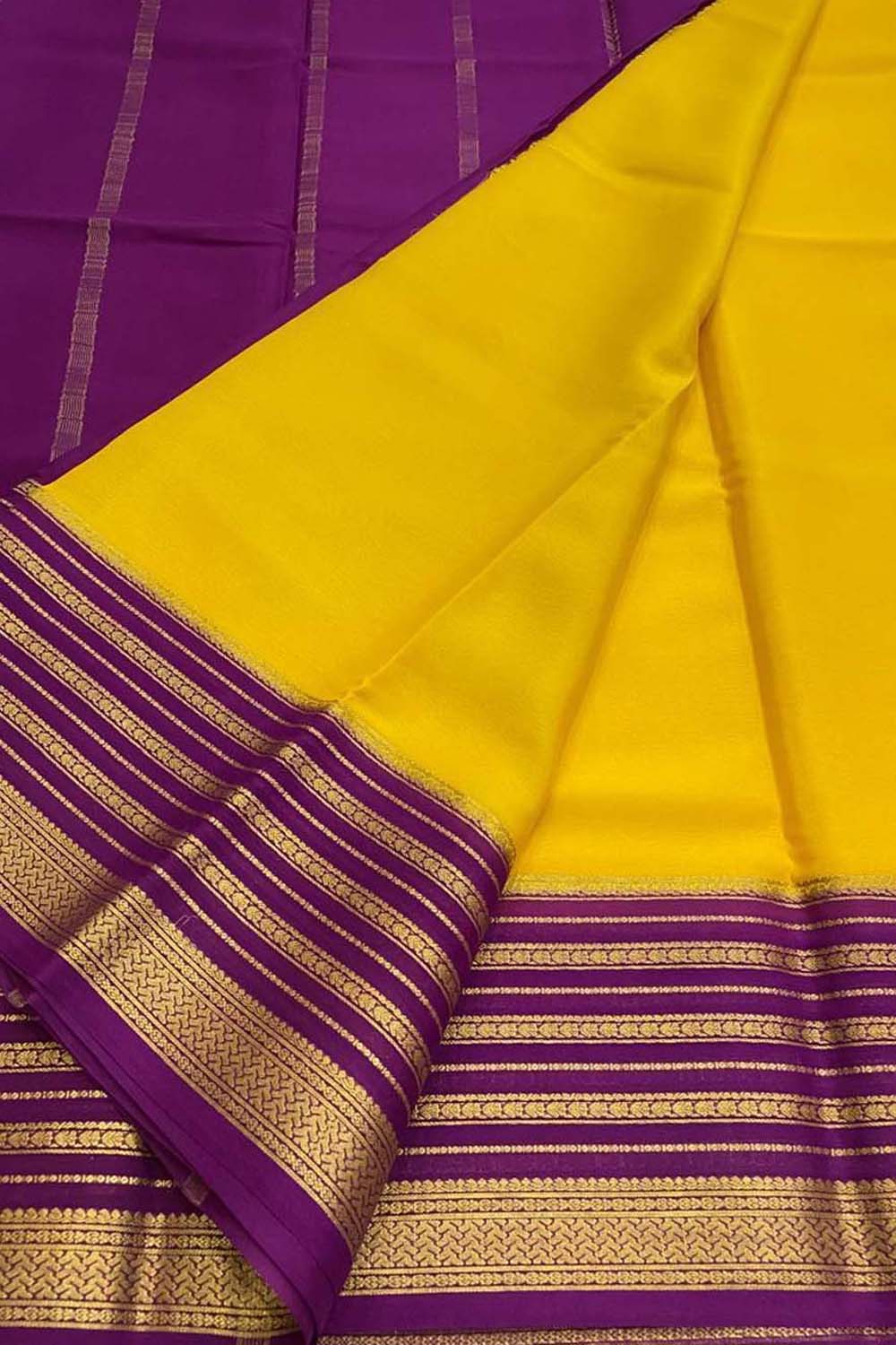 Yellow Mysore Pure Crepe Silk Saree Handloom Weave Festive