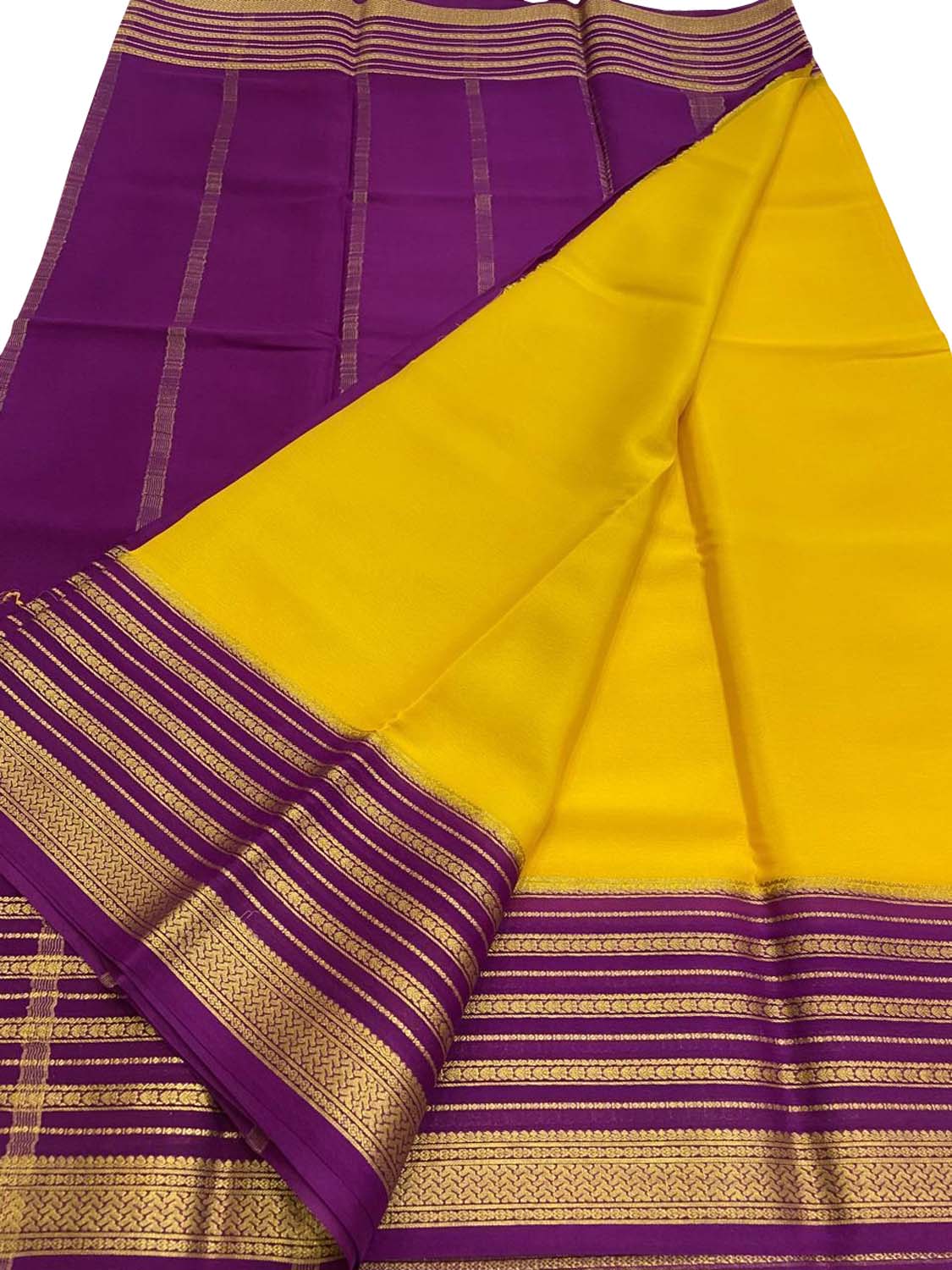 Yellow Mysore Pure Crepe Silk Saree Handloom Weave Festive