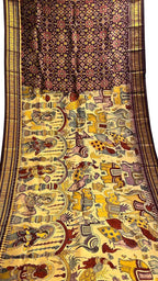 Yellow Kalamkari Hand Painted Ikat Kanjeevaram Pure Silk Saree