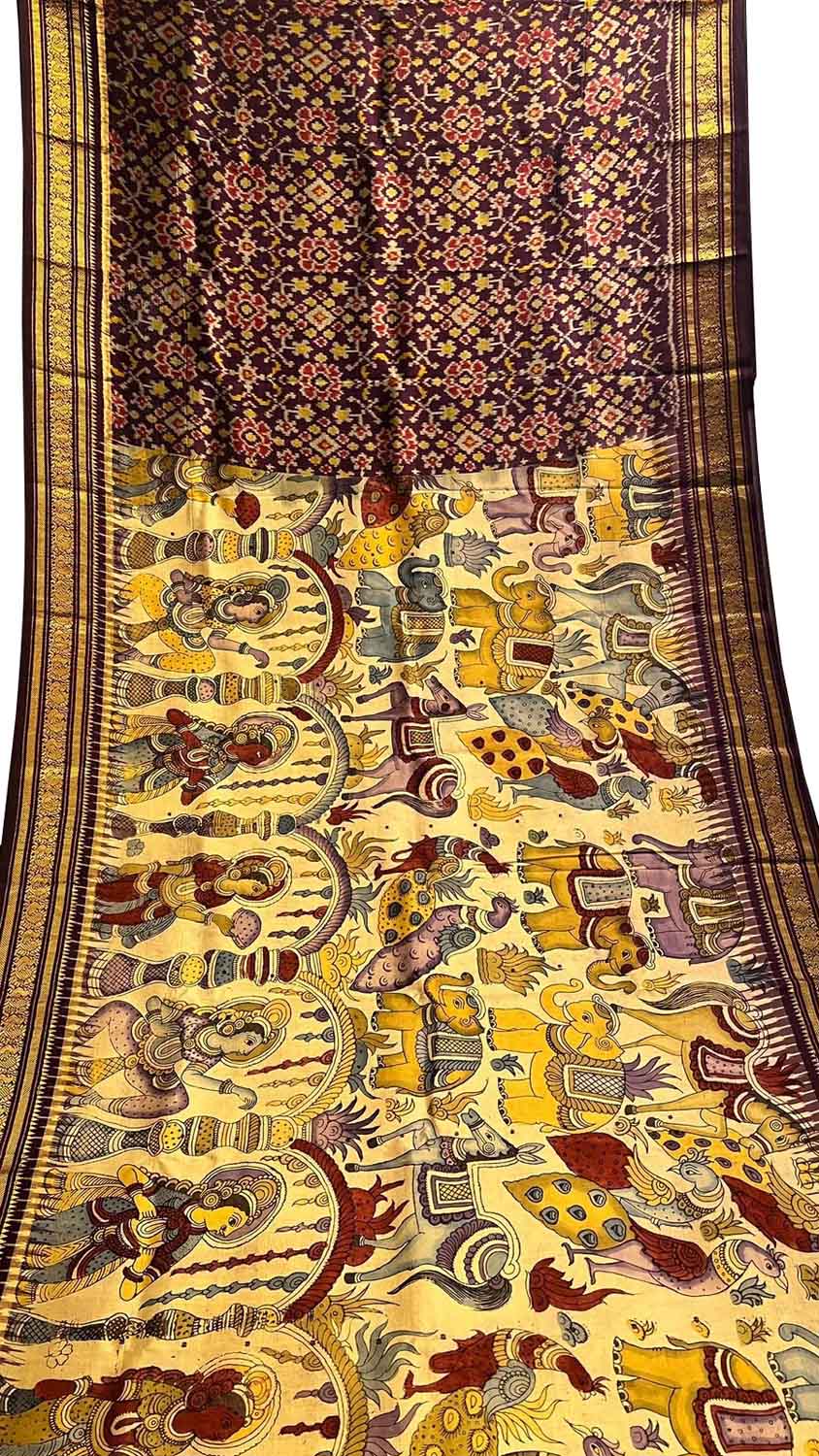 Yellow Kalamkari Hand Painted Ikat Kanjeevaram Pure Silk Saree