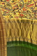 Yellow Kalamkari Hand Painted Ikat Kanjeevaram Pure Silk Saree