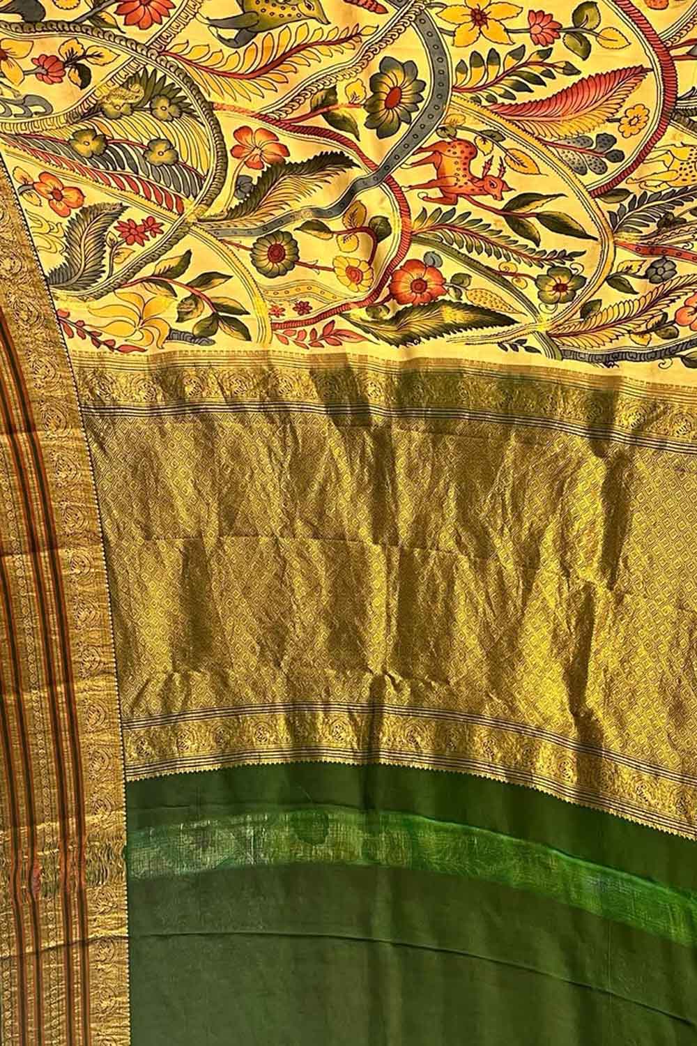 Yellow Kalamkari Hand Painted Ikat Kanjeevaram Pure Silk Saree