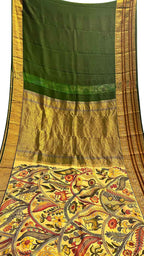 Yellow Kalamkari Hand Painted Ikat Kanjeevaram Pure Silk Saree