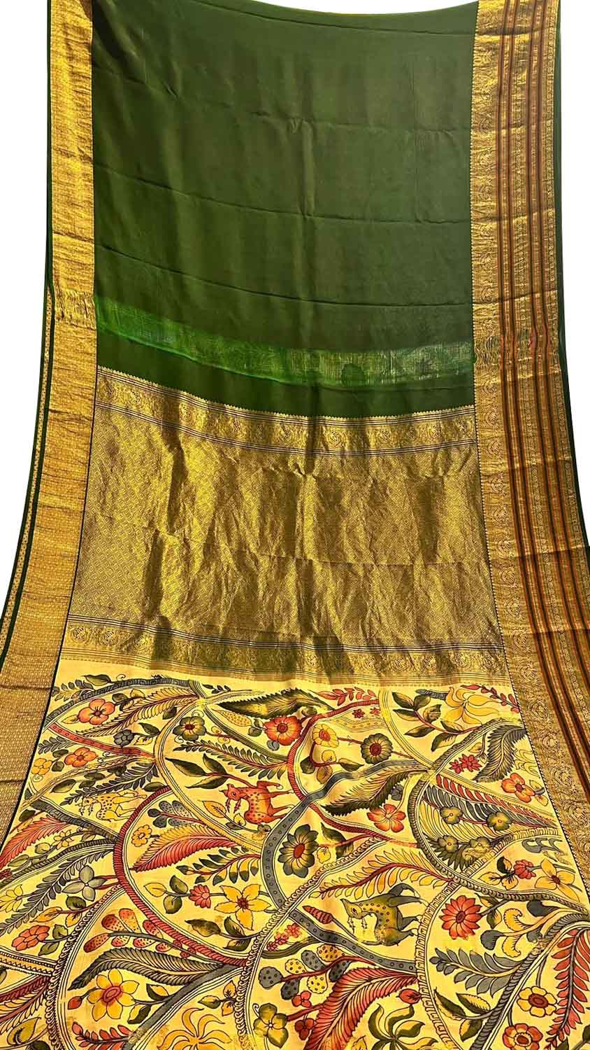 Yellow Kalamkari Hand Painted Ikat Kanjeevaram Pure Silk Saree