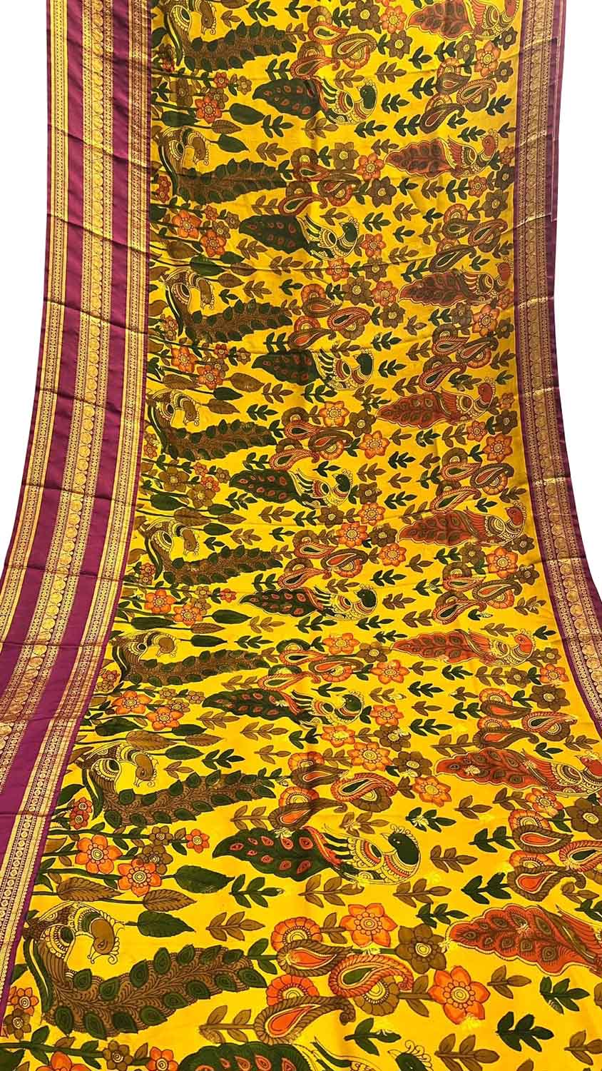 Yellow Kalamkari Hand Painted Ikat Kanjeevaram Pure Silk Saree
