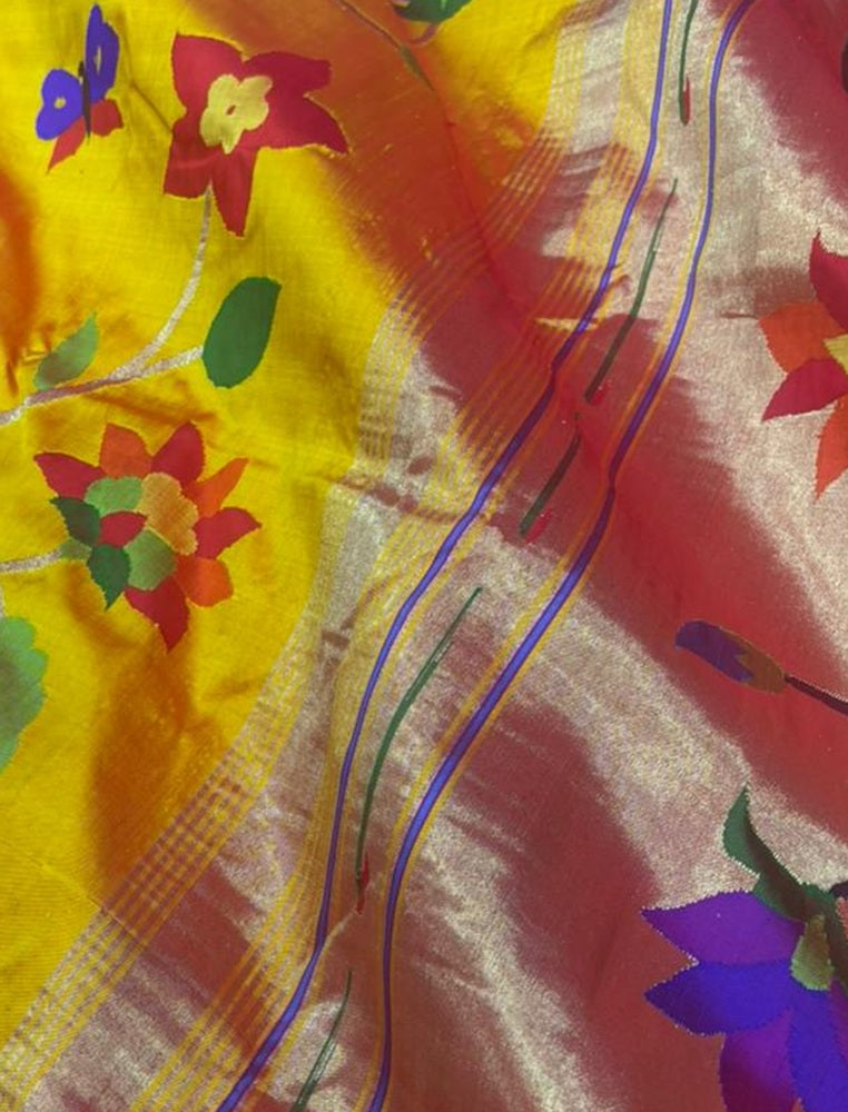 Yellow Paithani Handloom Pure Silk Full Work Flower Design Saree - Luxurion World