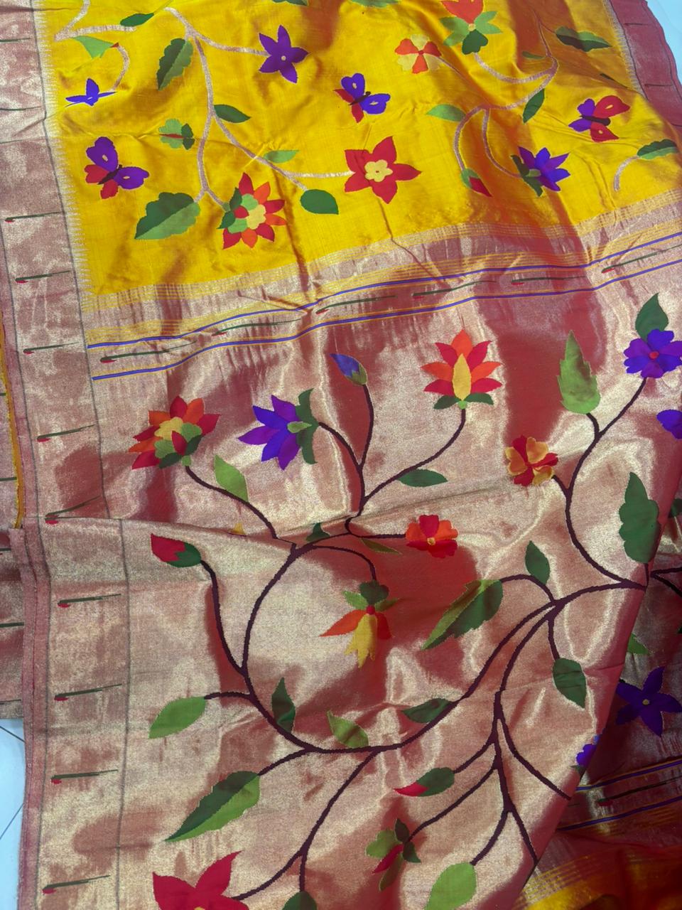 Yellow Paithani Handloom Pure Silk Full Work Flower Design Saree - Luxurion World