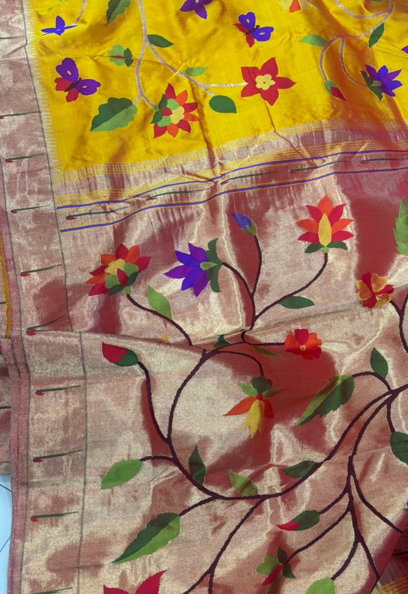 Yellow Paithani Handloom Pure Silk Full Work Flower Design Saree - Luxurion World