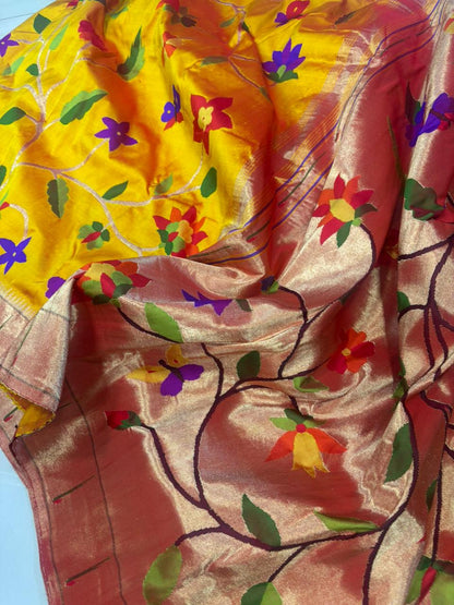 Yellow Paithani Handloom Pure Silk Full Work Flower Design Saree - Luxurion World