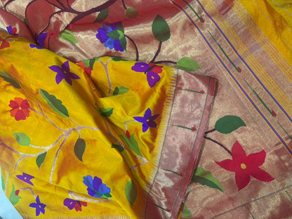 Yellow Paithani Handloom Pure Silk Full Work Flower Design Saree - Luxurion World