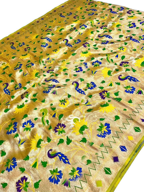 Yellow Paithani Silk Peacock & Flower Design Fabric