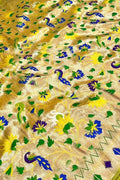 Yellow Paithani Silk Fabric — Peacock and Flower Design, Festive