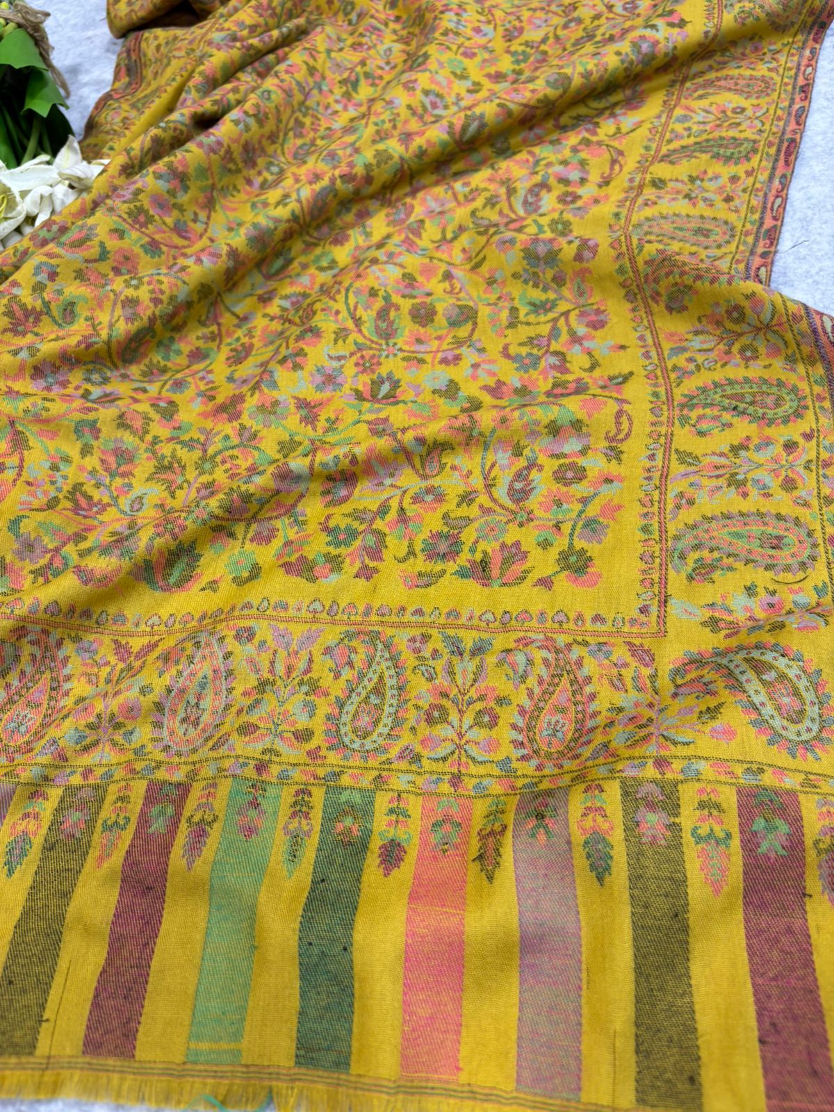 Yellow Kashmiri Pashmina Shawl—Vintage Buta Needle Work, Festive & Ethnic Wear