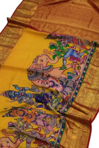 Yellow Kanjeevaram Pure Silk Saree Hand Painted Kalamkari Festive