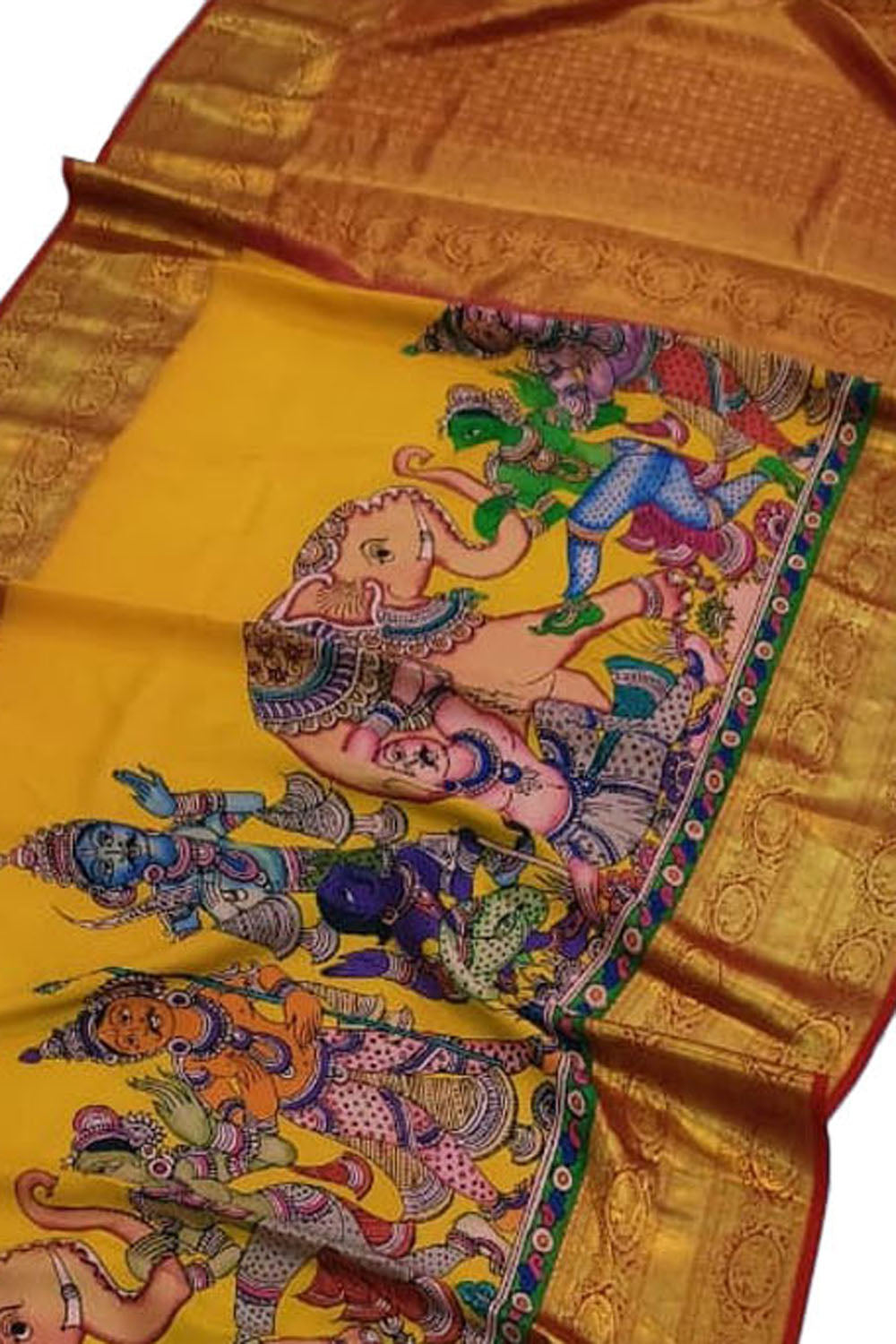 Yellow Kanjeevaram Pure Silk Saree Hand Painted Kalamkari Festive