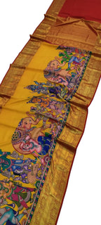 Yellow Kanjeevaram Pure Silk Saree Hand Painted Kalamkari Festive